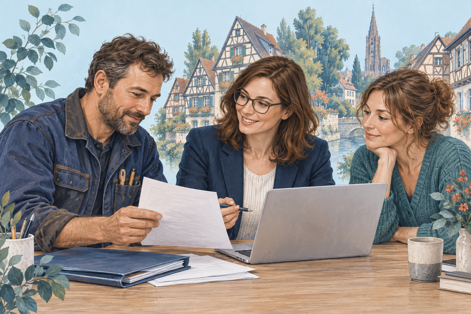 Illustration d’une interlocutrice accompagnant un artisan et une particulière dans leurs documents, dans un décor alsacien